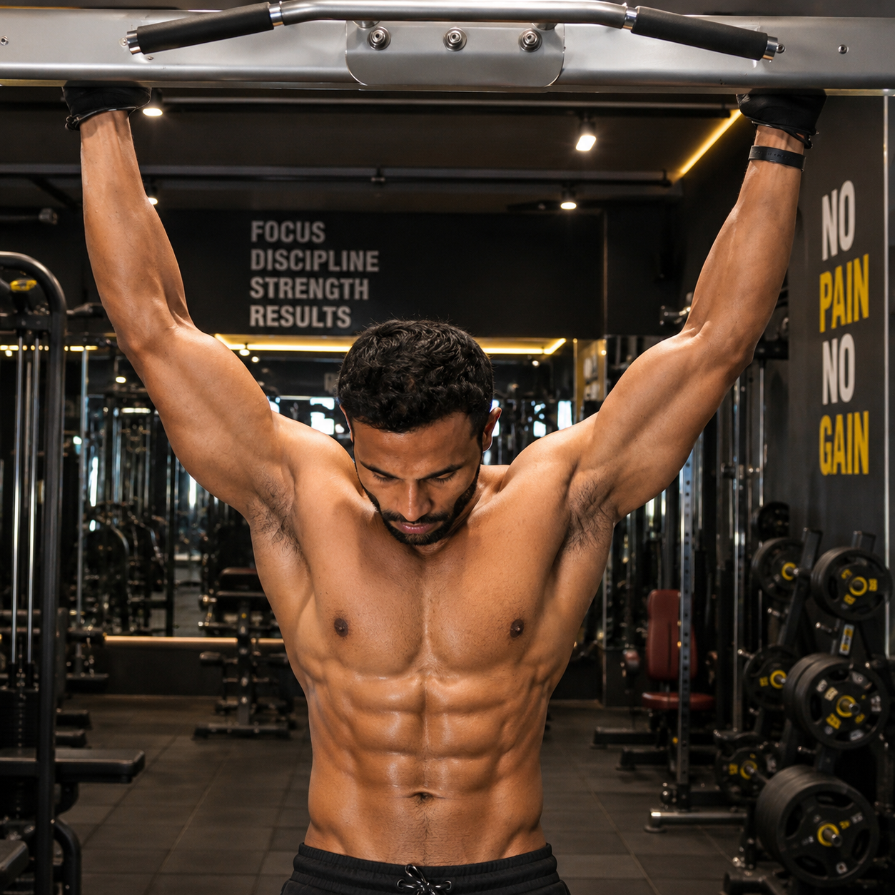 JP Satish performing a hanging pull-up at JPL Fitness
